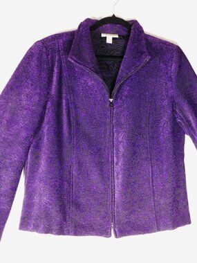 Dress Barn Women's L Petite Jacket/Coat Dark Purple Floral Brocade Zip Up Collar